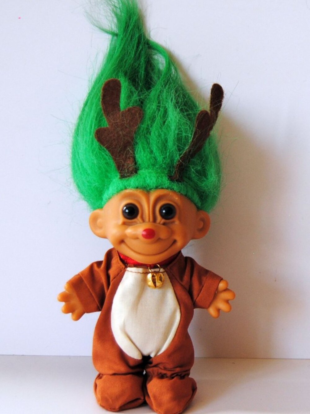 Vintage Rudolph Reindeer Troll Green Hair Red nose 6”